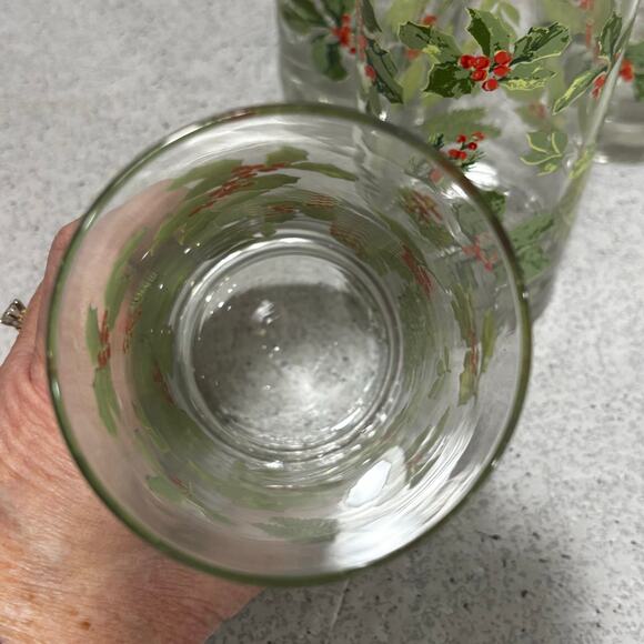Vintage Libbey glass Christmas water highball glasses green & red holly set of 4 - Picture 5 of 9